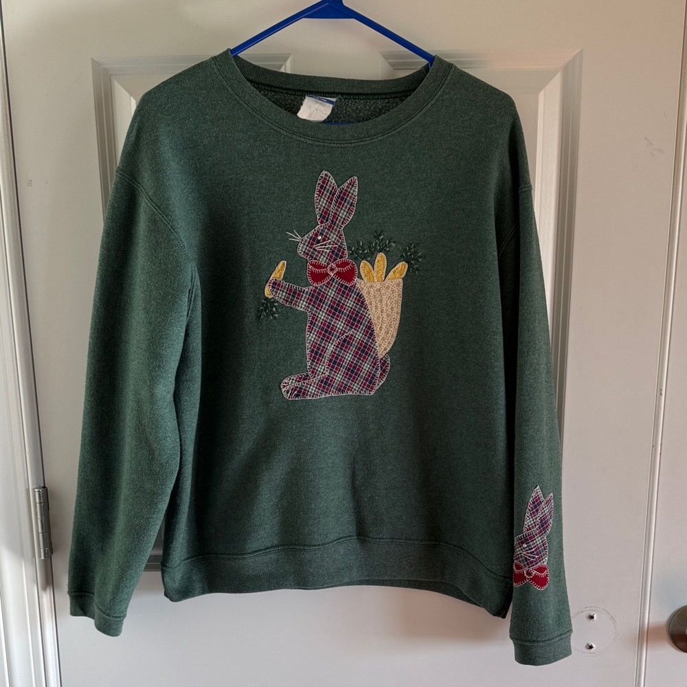 Handmade Green Pullover Sweatshirt with Plaid Bunny Applique Size Medium